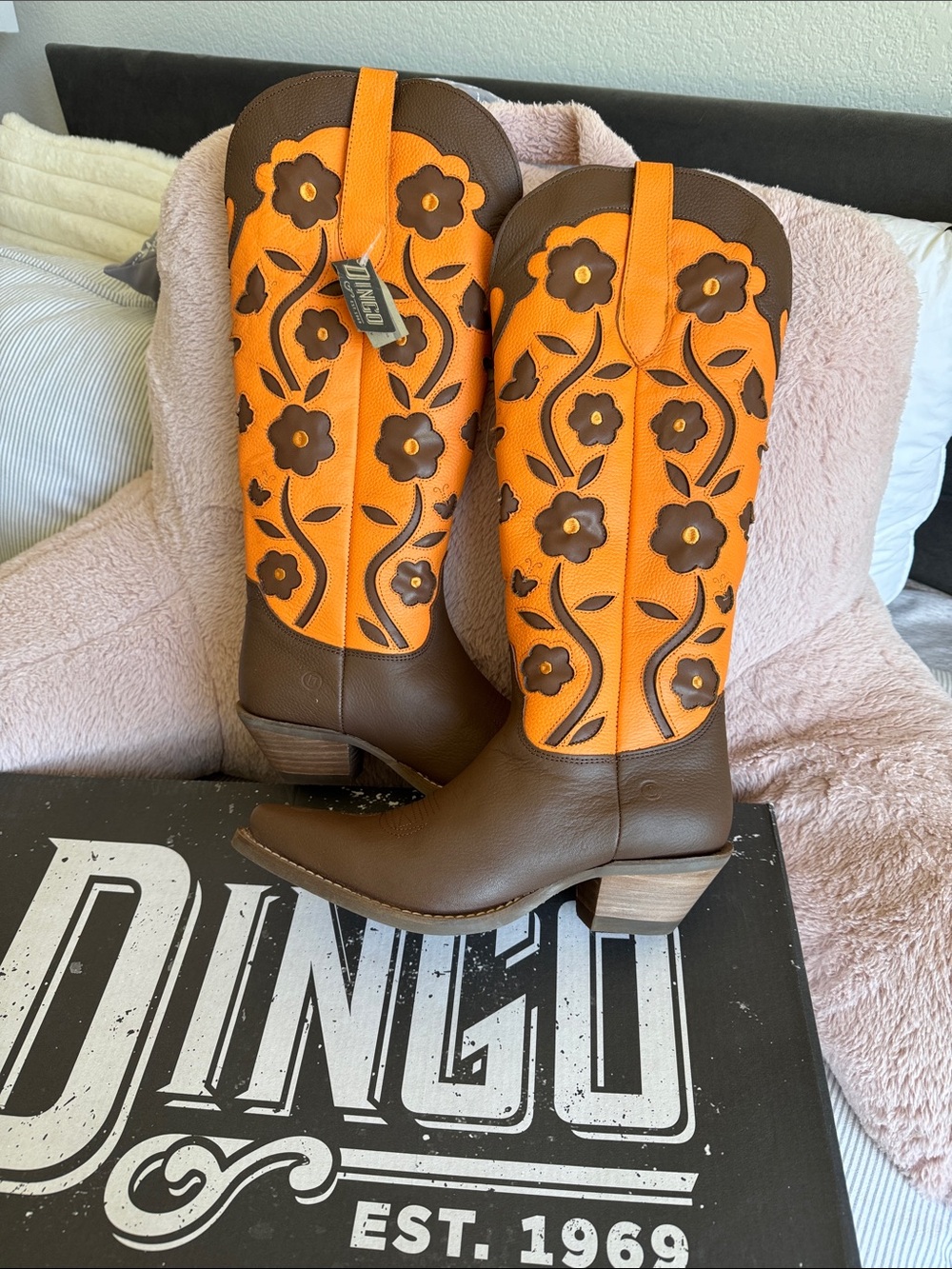 dingo Brown & Orange Floral Western Heeled Boots